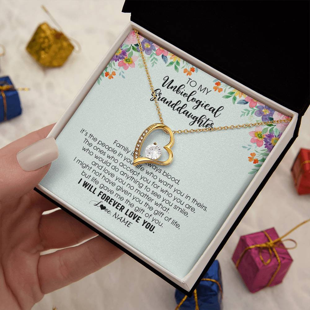 Forever Love Necklace 18K Yellow Gold Finish | 2 | Personalized To My Unbiological Granddaughter Necklace Family Isn't Always Blood Bonus Granddaughter Birthday Gifts Christmas Customized Gift Box Message Card | siriusteestore