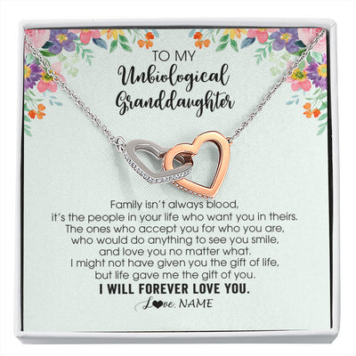 Interlocking Hearts Necklace Stainless Steel & Rose Gold Finish | 1 | Personalized To My Unbiological Granddaughter Necklace Family Isn't Always Blood Bonus Granddaughter Birthday Gifts Christmas Customized Gift Box Message Card | siriusteestore