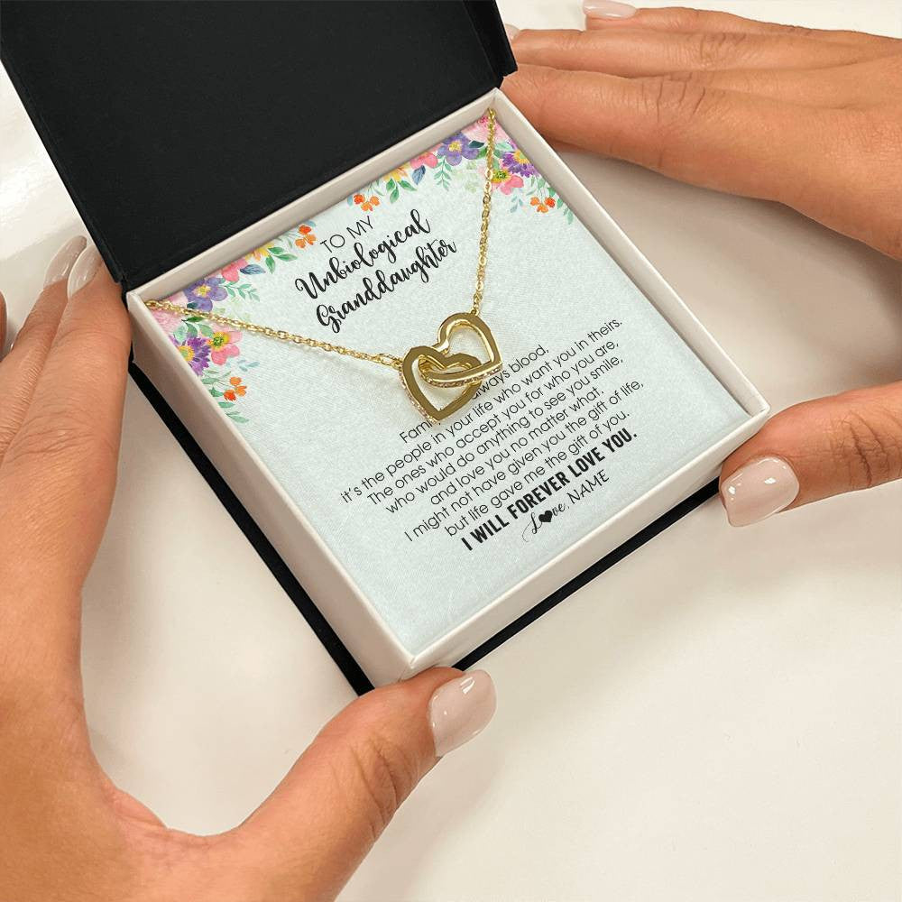 Interlocking Hearts Necklace 18K Yellow Gold Finish | 2 | Personalized To My Unbiological Granddaughter Necklace Family Isn't Always Blood Bonus Granddaughter Birthday Gifts Christmas Customized Gift Box Message Card | siriusteestore