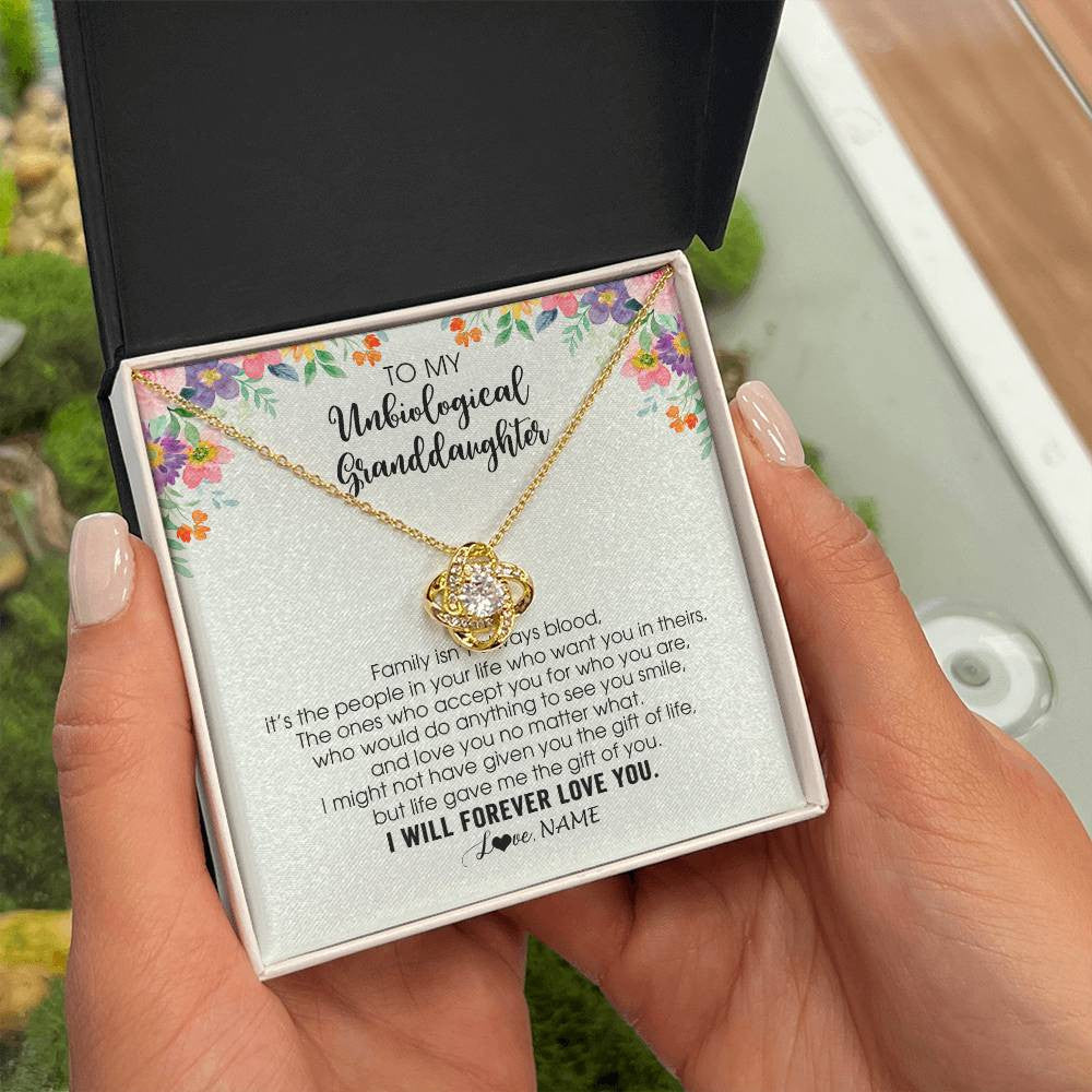 Love Knot Necklace 18K Yellow Gold Finish | 2 | Personalized To My Unbiological Granddaughter Necklace Family Isn't Always Blood Bonus Granddaughter Birthday Gifts Christmas Customized Gift Box Message Card | siriusteestore