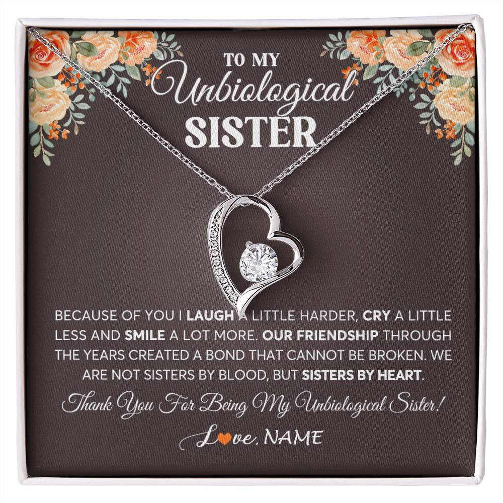 Forever Love Necklace 14K White Gold Finish | 1 | Personalized To My Unbiological Sister Necklace From Sister By Heart Sister Friendship Best Friend Birthday Christmas Customized Gift Box Message Card | siriusteestore