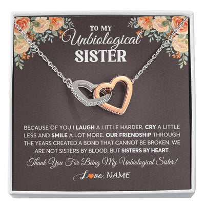 Interlocking Hearts Necklace Stainless Steel & Rose Gold Finish | 1 | Personalized To My Unbiological Sister Necklace From Sister By Heart Sister Friendship Best Friend Birthday Christmas Customized Gift Box Message Card | siriusteestore