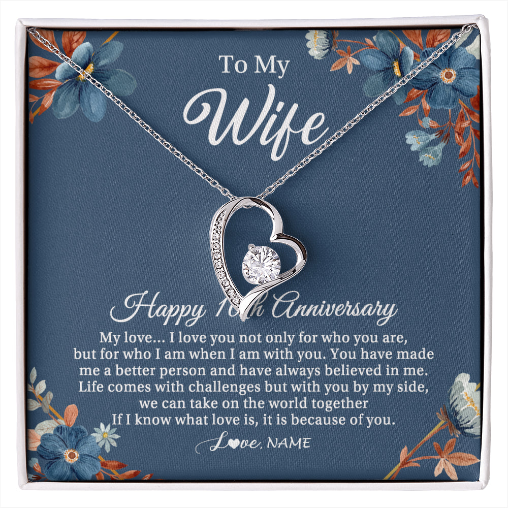 Forever Love Necklace 14K White Gold Finish | 1 | Personalized To My Wife Necklace From Husband 10 Years Wedding Anniversary For Her 10th Anniversary For Her 10 Years Anniversary Customized Gift Box Message Card | siriusteestore