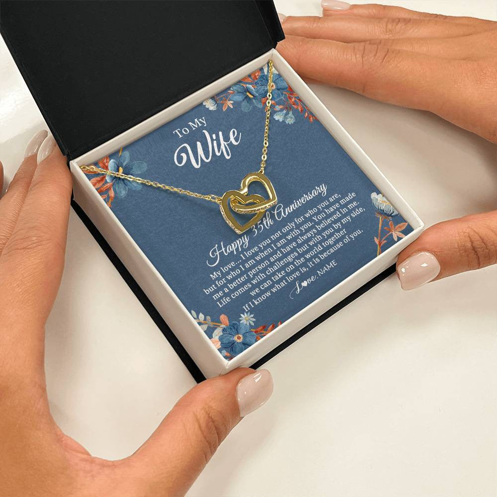 Interlocking Hearts Necklace 18K Yellow Gold Finish | 2 | Personalized To My Wife Necklace From Husband 35 Years Wedding Anniversary For Her 35th Anniversary For Her 35 Years Anniversary Customized Gift Box Message Card | siriusteestore