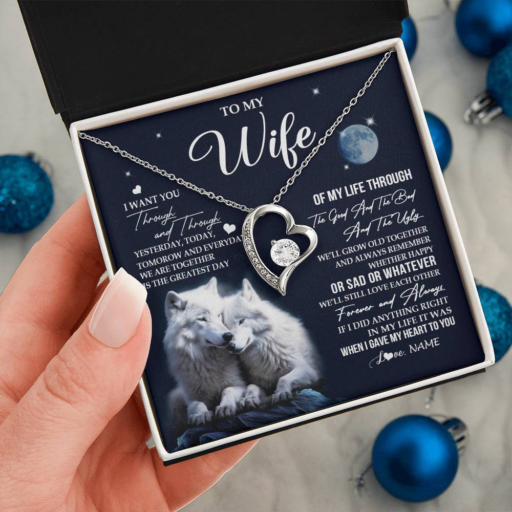 Forever Love Necklace 14K White Gold Finish | 2 | Personalized To My Wife Necklace From Husband I Want You Wolf Wife Birthday Anniversary Romantic Valentines Day Christmas Customized Gift Box Message Card | siriusteestore
