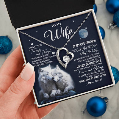 Forever Love Necklace 14K White Gold Finish | 2 | Personalized To My Wife Necklace From Husband I Want You Wolf Wife Birthday Anniversary Romantic Valentines Day Christmas Customized Gift Box Message Card | siriusteestore