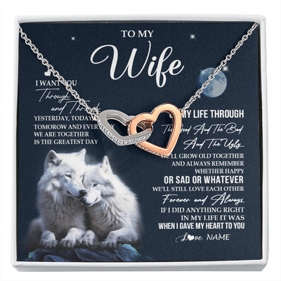 Interlocking Hearts Necklace Stainless Steel & Rose Gold Finish | 1 | Personalized To My Wife Necklace From Husband I Want You Wolf Wife Birthday Anniversary Romantic Valentines Day Christmas Customized Gift Box Message Card | siriusteestore