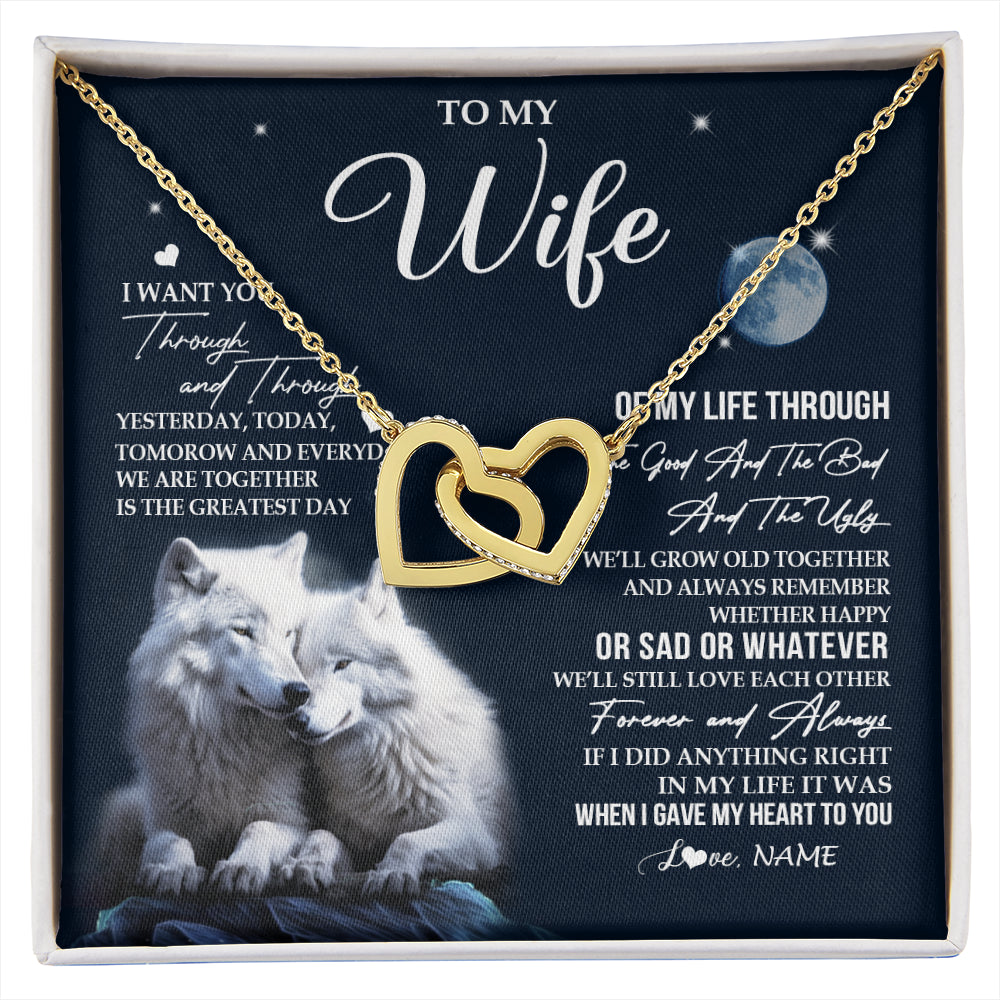 Interlocking Hearts Necklace 18K Yellow Gold Finish | 1 | Personalized To My Wife Necklace From Husband I Want You Wolf Wife Birthday Anniversary Romantic Valentines Day Christmas Customized Gift Box Message Card | siriusteestore