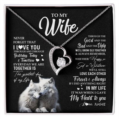 Forever Love Necklace 14K White Gold Finish | 1 | Personalized To My Wife Necklace From Husband Wolf Never Forget That I Love You Wife Wedding Anniversary Birthday Christmas Customized Gift Box Message Card | siriusteestore