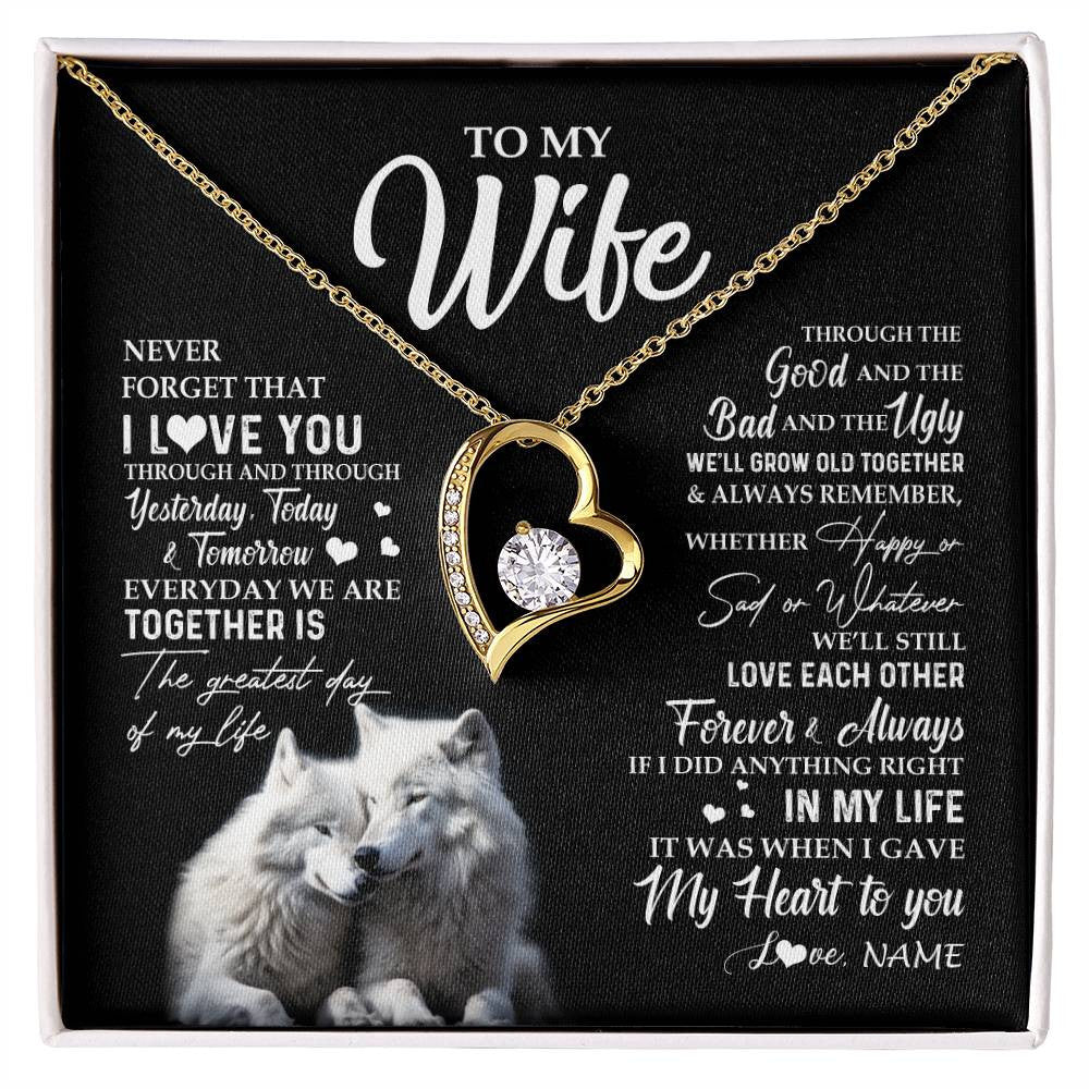 Forever Love Necklace 18K Yellow Gold Finish | 1 | Personalized To My Wife Necklace From Husband Wolf Never Forget That I Love You Wife Wedding Anniversary Birthday Christmas Customized Gift Box Message Card | siriusteestore