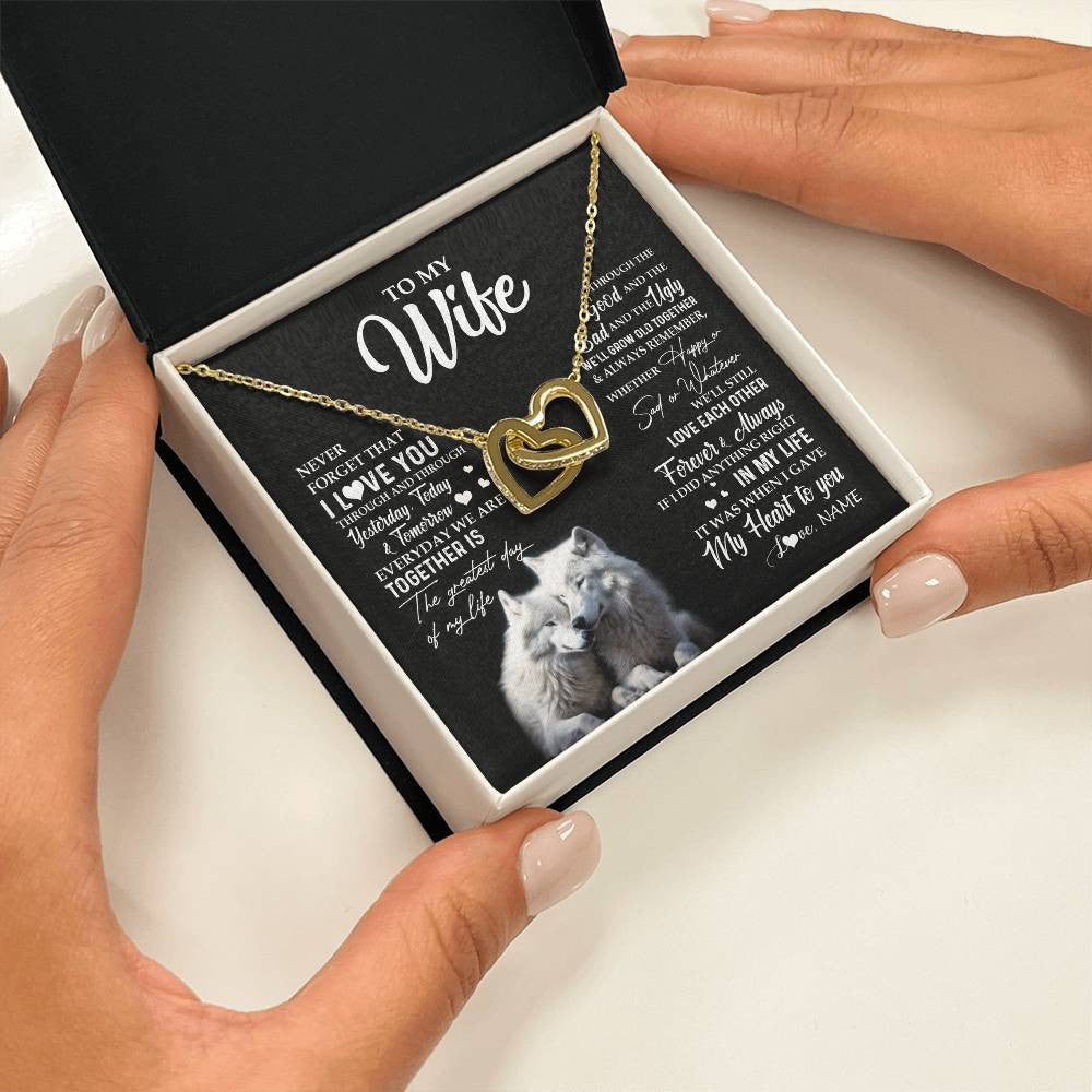 Interlocking Hearts Necklace 18K Yellow Gold Finish | 2 | Personalized To My Wife Necklace From Husband Wolf Never Forget That I Love You Wife Wedding Anniversary Birthday Christmas Customized Gift Box Message Card | siriusteestore