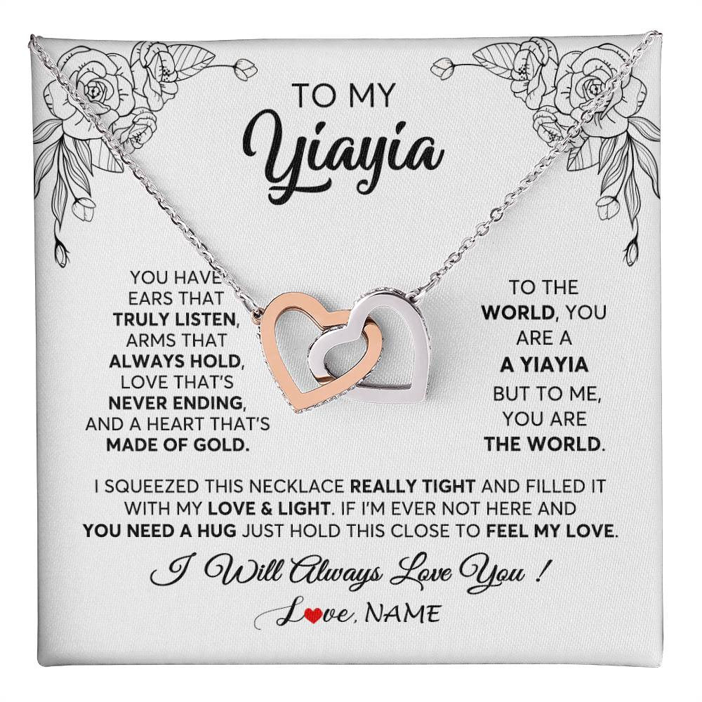 Interlocking Hearts Necklace Stainless Steel & Rose Gold Finish | 1 | Personalized To My Yiayia Necklace From Grandkids Granddaughter Hold This Close Feel My Love Yiayia Birthday Mothers Day Customized Gift Box Message Card | siriusteestore