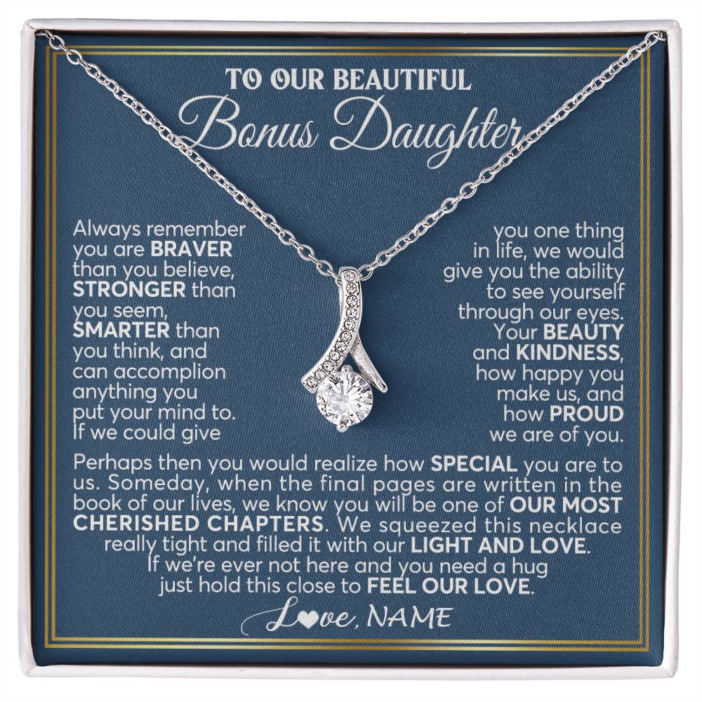 Alluring Beauty Necklace 14K White Gold Finish | 1 | Personalized To Our Beautiful Bonus Daughter Necklace From Stepmom Stepdad Always Remember Stepdaughter Birthday Christmas Customized Gift Box Message Card | siriusteestore