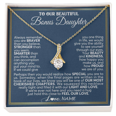 Alluring Beauty Necklace 18K Yellow Gold Finish | 1 | Personalized To Our Beautiful Bonus Daughter Necklace From Stepmom Stepdad Always Remember Stepdaughter Birthday Christmas Customized Gift Box Message Card | siriusteestore