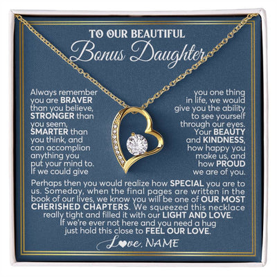 Forever Love Necklace 18K Yellow Gold Finish | 1 | Personalized To Our Beautiful Bonus Daughter Necklace From Stepmom Stepdad Always Remember Stepdaughter Birthday Christmas Customized Gift Box Message Card | siriusteestore