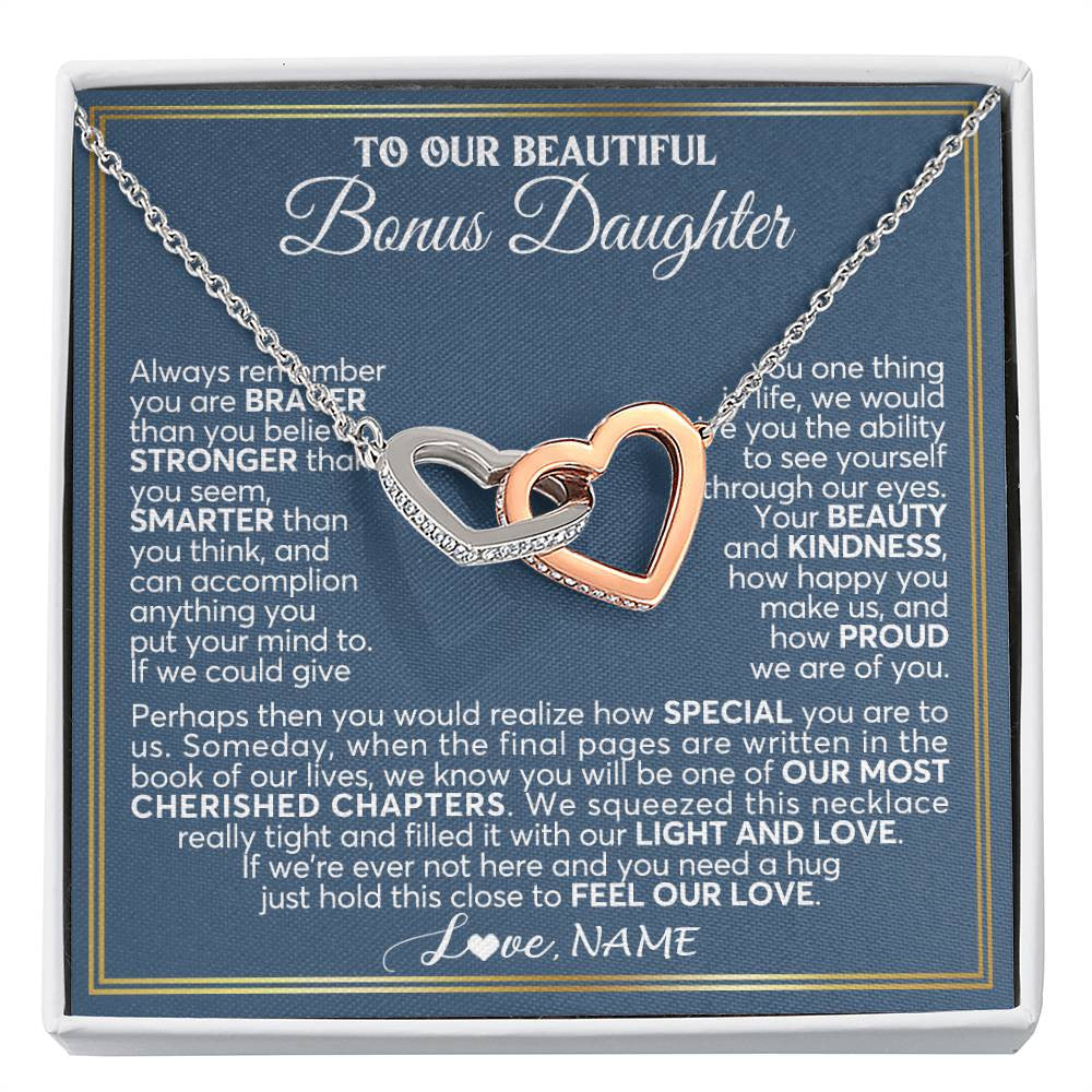 Interlocking Hearts Necklace Stainless Steel & Rose Gold Finish | 1 | Personalized To Our Beautiful Bonus Daughter Necklace From Stepmom Stepdad Always Remember Stepdaughter Birthday Christmas Customized Gift Box Message Card | siriusteestore