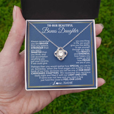 Love Knot Necklace 14K White Gold Finish | 2 | Personalized To Our Beautiful Bonus Daughter Necklace From Stepmom Stepdad Always Remember Stepdaughter Birthday Christmas Customized Gift Box Message Card | siriusteestore