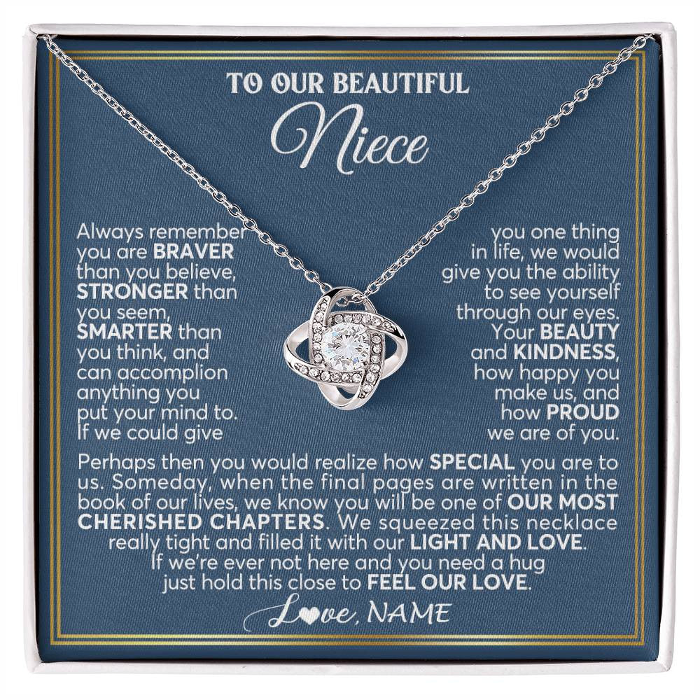 Love Knot Necklace 14K White Gold Finish | 1 | Personalized To Our Beautiful Niece Necklace From Aunt Uncle Always Remember Stepdaughter Birthday Graduation Christmas Customized Gift Box Message Card | siriusteestore