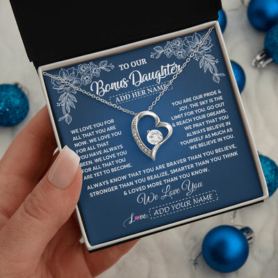 Forever Love Necklace 14K White Gold Finish | 2 | Personalized To Our Bonus Daughter Gifts From Stepmom Necklace We Love You Jewelry Present Gift Stepdaughter Birthday Christmas Custom Gift Box Message Card | https://siriusteestore.