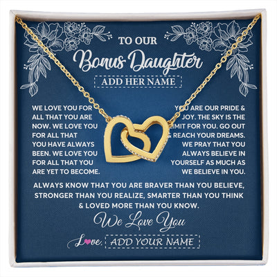 Interlocking Hearts Necklace 18K Yellow Gold Finish | 1 | Personalized To Our Bonus Daughter Gifts From Stepmom Necklace We Love You Jewelry Present Gift Stepdaughter Birthday Christmas Custom Gift Box Message Card | https://siriusteestore.