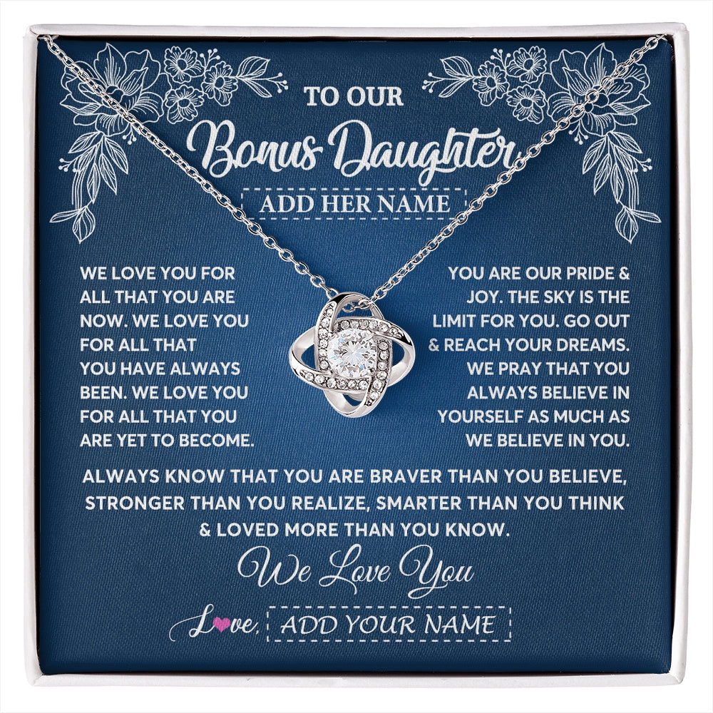 Love Knot Necklace 14K White Gold Finish | 1 | Personalized To Our Bonus Daughter Gifts From Stepmom Necklace We Love You Jewelry Present Gift Stepdaughter Birthday Christmas Custom Gift Box Message Card | https://siriusteestore.