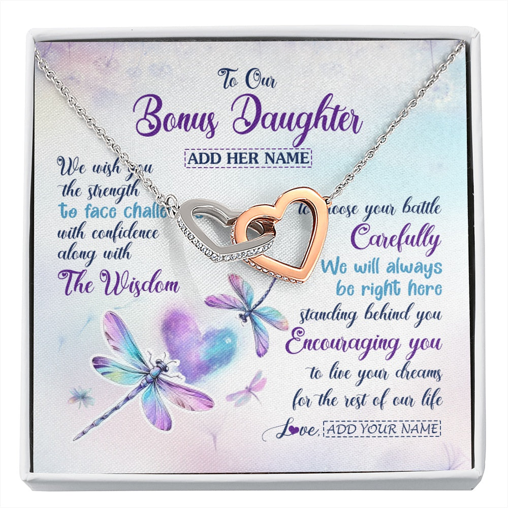 Interlocking Hearts Necklace Stainless Steel & Rose Gold Finish | 1 | Personalized To Our Bonus Daughter Gifts Necklace From Stepmom Stepdad Always Be Right Here Dragonfly Birthday For Stepdaughter Christmas Gift Box Message Card | https://siriusteestore.