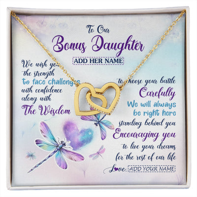 Interlocking Hearts Necklace 18K Yellow Gold Finish | 1 | Personalized To Our Bonus Daughter Gifts Necklace From Stepmom Stepdad Always Be Right Here Dragonfly Birthday For Stepdaughter Christmas Gift Box Message Card | https://siriusteestore.