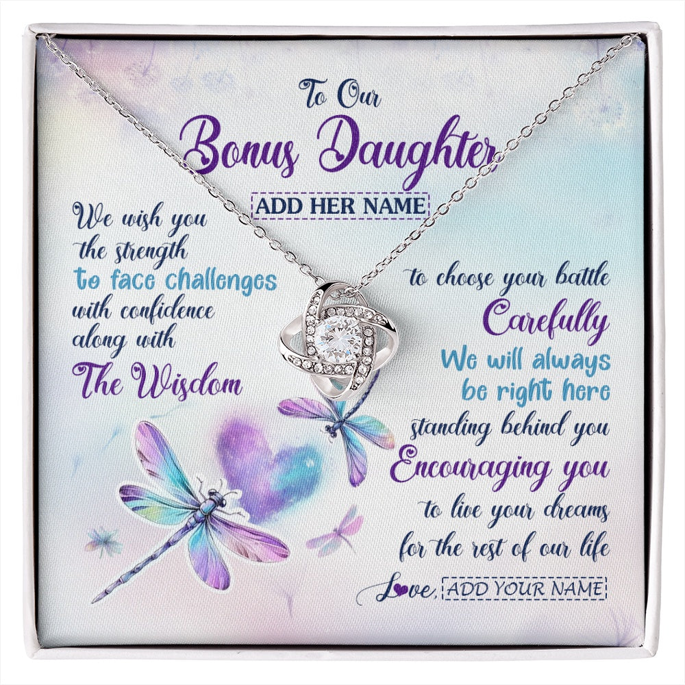 Love Knot Necklace 14K White Gold Finish | 1 | Personalized To Our Bonus Daughter Gifts Necklace From Stepmom Stepdad Always Be Right Here Dragonfly Birthday For Stepdaughter Christmas Gift Box Message Card | https://siriusteestore.