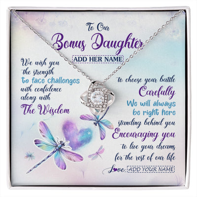 Love Knot Necklace 14K White Gold Finish | 1 | Personalized To Our Bonus Daughter Gifts Necklace From Stepmom Stepdad Always Be Right Here Dragonfly Birthday For Stepdaughter Christmas Gift Box Message Card | https://siriusteestore.