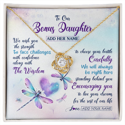 Love Knot Necklace 18K Yellow Gold Finish | 1 | Personalized To Our Bonus Daughter Gifts Necklace From Stepmom Stepdad Always Be Right Here Dragonfly Birthday For Stepdaughter Christmas Gift Box Message Card | https://siriusteestore.