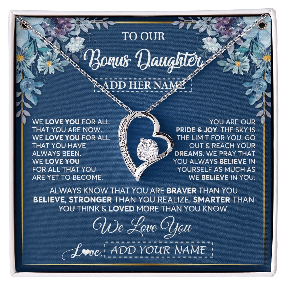 Forever Love Necklace 14K White Gold Finish | 1 | Personalized To Our Bonus Daughter Necklace Gift From Stepdad We Love You Stepdaughter Birthday Gift Graduation Christmas Custom Gift Box Message Card | siriusteestore.myshopify