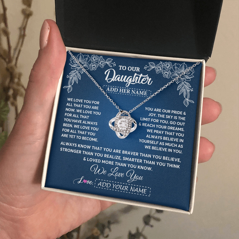 Love Knot Necklace 14K White Gold Finish | 2 | Personalized To Our Daughter Gifts From Mom Dad Necklace We Love You Jewelry Present Gift For Daughter Birthday Christmas Custom Custom Gift Box Message Card | https://siriusteestore.