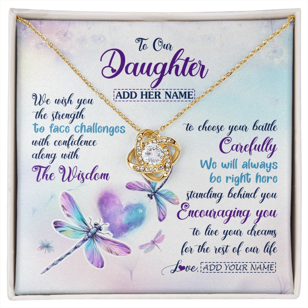 Love Knot Necklace 18K Yellow Gold Finish | 1 | Personalized To Our Daughter Gifts Necklace From Mom Dad Always Be Right Here Dragonfly Birthday For Daughter Christmas Custom Jewelry Gift Box Message Card | https://siriusteestore.