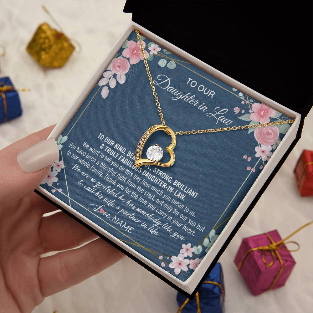 Forever Love Necklace 18K Yellow Gold Finish | 2 | Personalized To Our Daughter In Law Necklace On Wedding Day For Bride From Mother In Law Daughter In Law Jewelry Wedding Day Customized Gift Box Message Card | siriusteestore