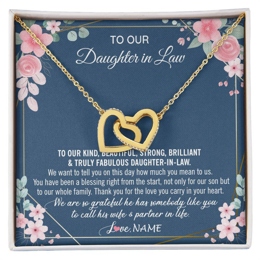 Interlocking Hearts Necklace 18K Yellow Gold Finish | 1 | Personalized To Our Daughter In Law Necklace On Wedding Day For Bride From Mother In Law Daughter In Law Jewelry Wedding Day Customized Gift Box Message Card | siriusteestore
