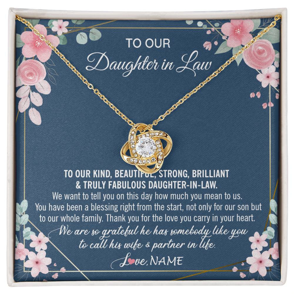 Love Knot Necklace 18K Yellow Gold Finish | 1 | Personalized To Our Daughter In Law Necklace On Wedding Day For Bride From Mother In Law Daughter In Law Jewelry Wedding Day Customized Gift Box Message Card | siriusteestore
