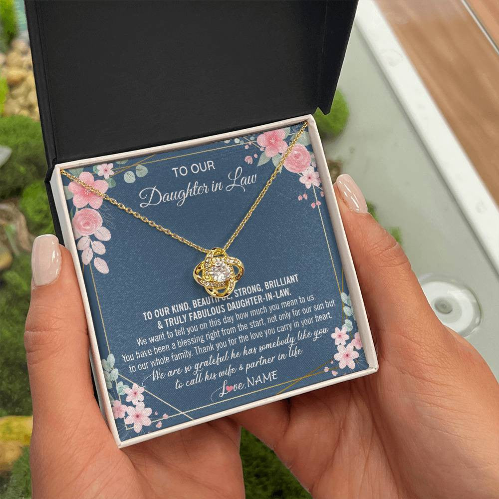 Love Knot Necklace 18K Yellow Gold Finish | 2 | Personalized To Our Daughter In Law Necklace On Wedding Day For Bride From Mother In Law Daughter In Law Jewelry Wedding Day Customized Gift Box Message Card | siriusteestore