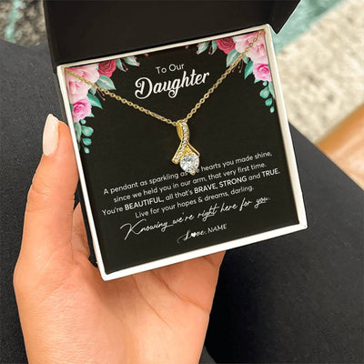 Alluring Beauty Necklace 18K Yellow Gold Finish | Personalized To Our Daughter Necklace From Mom Dad You're Beautiful Daughter Jewelry Pendant Birthday Valentines Day Christmas Customized Gift Box Message Card | siriusteestore