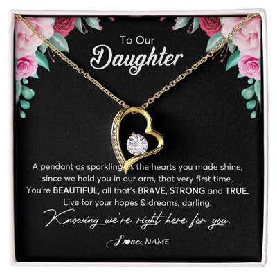 Forever Love Necklace 18K Yellow Gold Finish | Personalized To Our Daughter Necklace From Mom Dad You're Beautiful Daughter Jewelry Pendant Birthday Valentines Day Christmas Customized Gift Box Message Card | siriusteestore