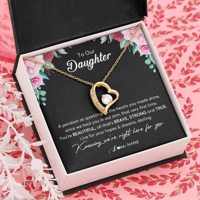 Forever Love Necklace 18K Yellow Gold Finish | Personalized To Our Daughter Necklace From Mom Dad You're Beautiful Daughter Jewelry Pendant Birthday Valentines Day Christmas Customized Gift Box Message Card | siriusteestore
