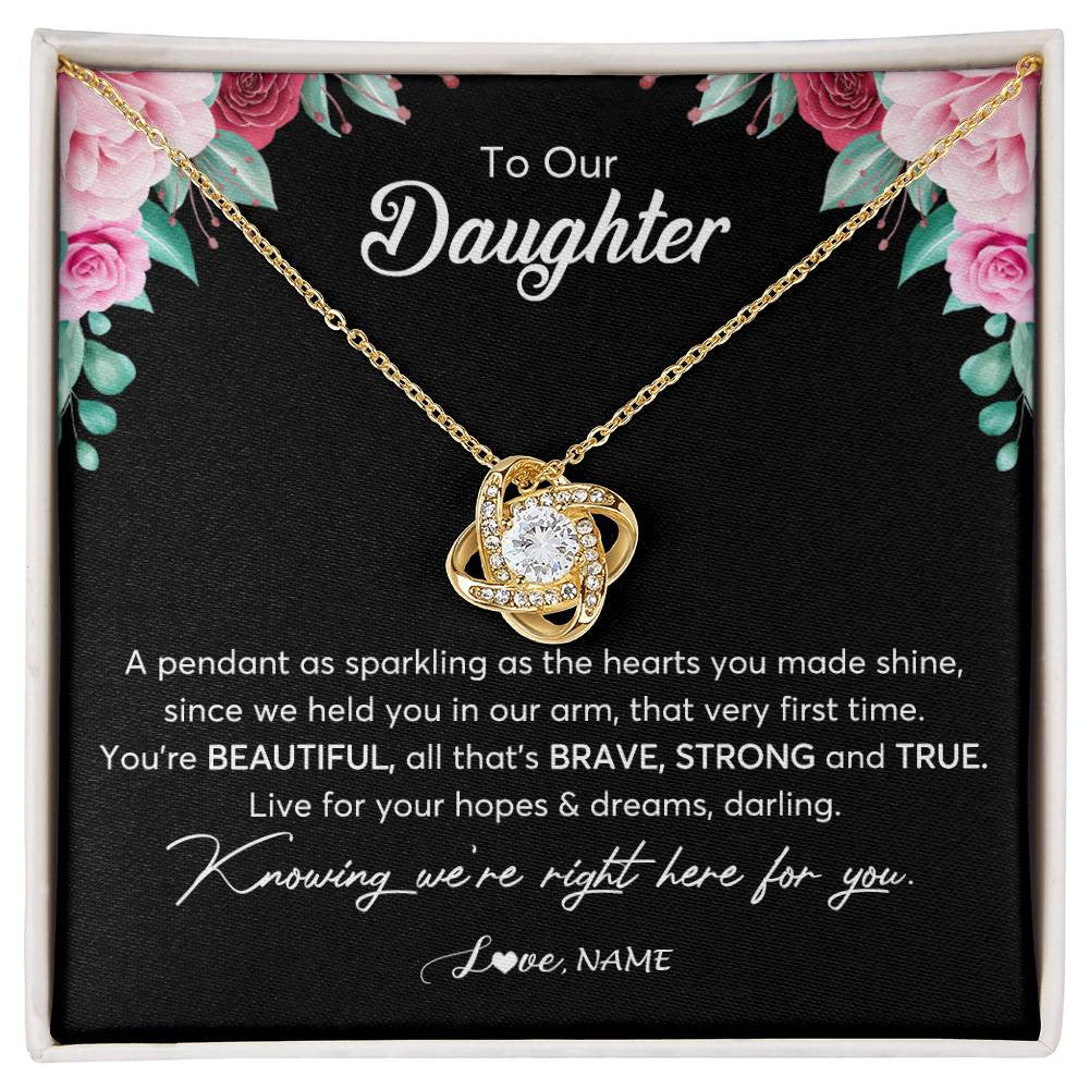 Love Knot Necklace 18K Yellow Gold Finish | Personalized To Our Daughter Necklace From Mom Dad You're Beautiful Daughter Jewelry Pendant Birthday Valentines Day Christmas Customized Gift Box Message Card | siriusteestore