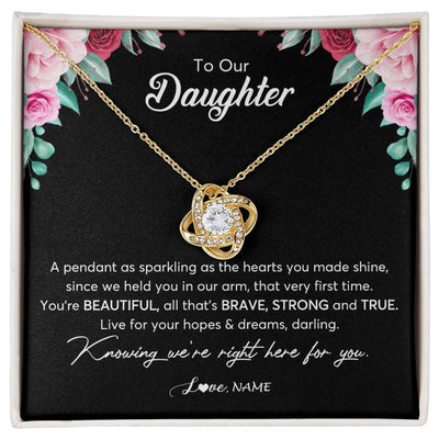 Love Knot Necklace 18K Yellow Gold Finish | Personalized To Our Daughter Necklace From Mom Dad You're Beautiful Daughter Jewelry Pendant Birthday Valentines Day Christmas Customized Gift Box Message Card | siriusteestore