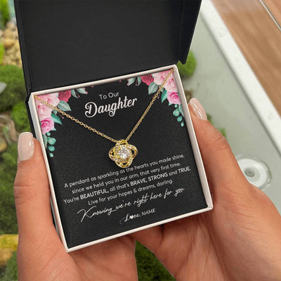 Love Knot Necklace 18K Yellow Gold Finish | Personalized To Our Daughter Necklace From Mom Dad You're Beautiful Daughter Jewelry Pendant Birthday Valentines Day Christmas Customized Gift Box Message Card | siriusteestore