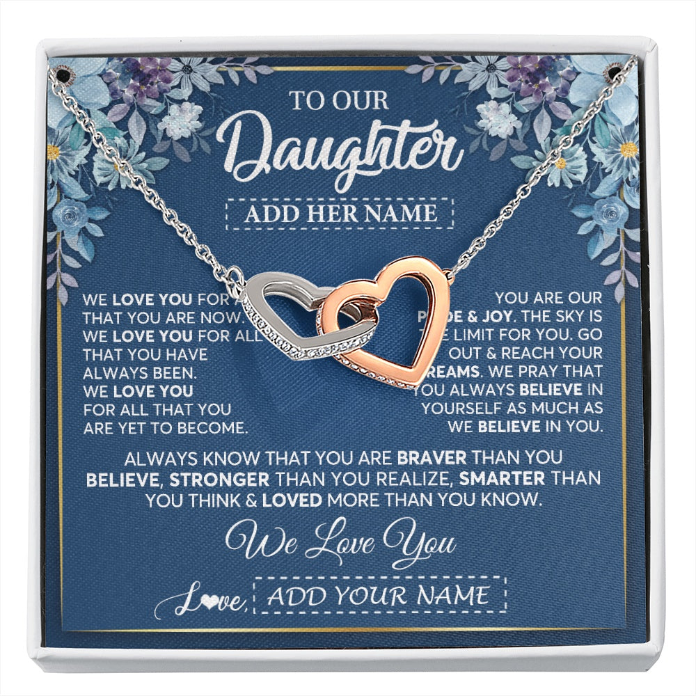Interlocking Hearts Necklace Stainless Steel & Rose Gold Finish | 1 | Personalized To Our Daughter Necklace Gift From Parent Mom Dad Mother Father We Love You Daughter Birthday Gift Graduation Christmas Gift Box Message Card | siriusteestore.myshopify