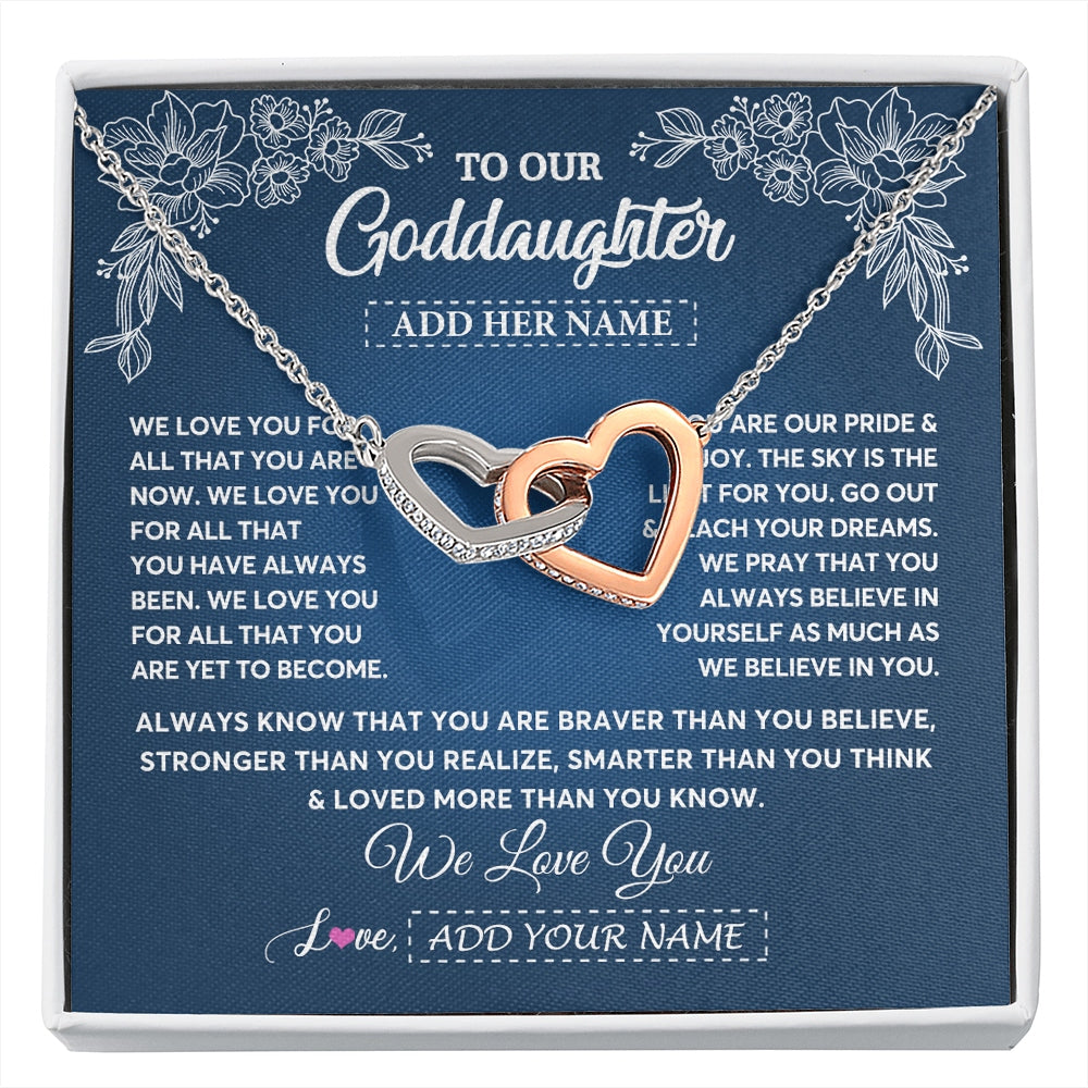 Interlocking Hearts Necklace Stainless Steel & Rose Gold Finish | 1 | Personalized To Our Goddaughter Gifts From Godmother Necklace We Love You Jewelry Present Gift Goddaughter Birthday Christmas Custom Gift Box Message Card | https://siriusteestore.