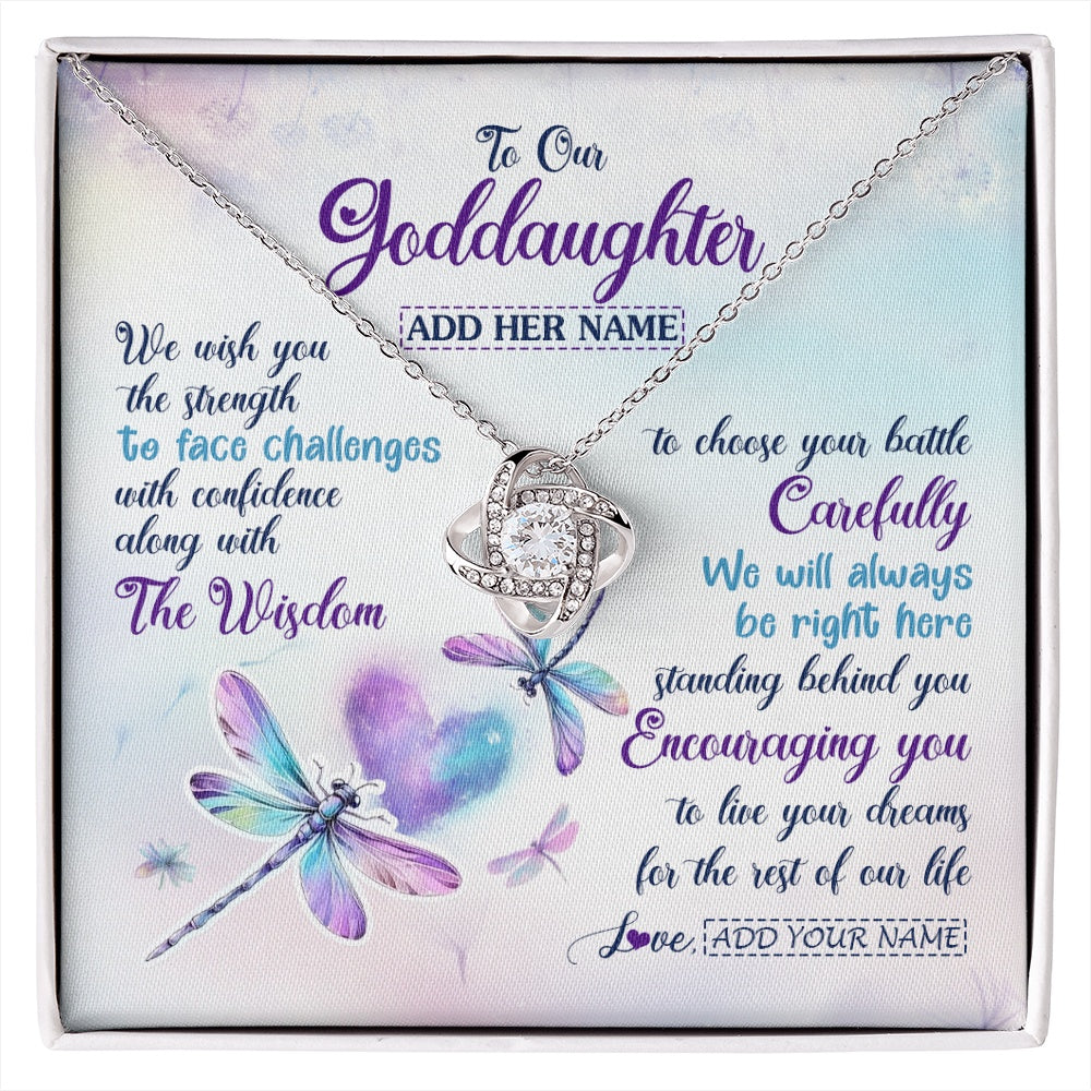 Love Knot Necklace 14K White Gold Finish | 1 | Personalized To Our Goddaughter Gifts Necklace From Godmother Always Be Right Here Dragonfly Birthday For Goddaughter Christmas Jewelry Gift Box Message Card | https://siriusteestore.