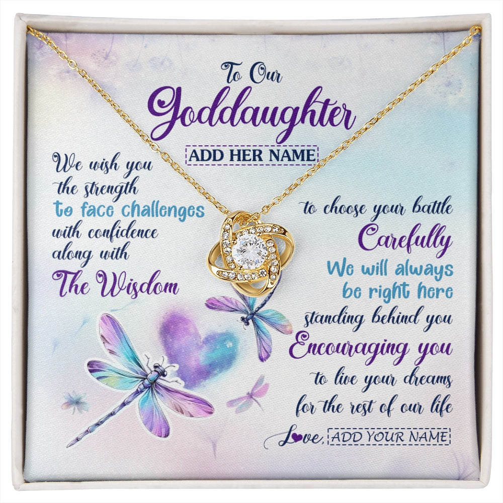 Love Knot Necklace 18K Yellow Gold Finish | 1 | Personalized To Our Goddaughter Gifts Necklace From Godmother Always Be Right Here Dragonfly Birthday For Goddaughter Christmas Jewelry Gift Box Message Card | https://siriusteestore.
