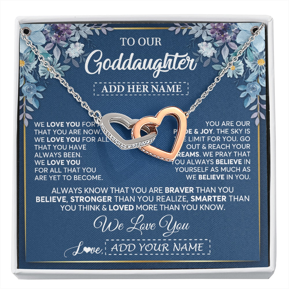 Interlocking Hearts Necklace Stainless Steel & Rose Gold Finish | 1 | Personalized To Our Goddaughter Necklace Gift From Godmother Uncle We Love You Goddaughter Birthday Gift Graduation Christmas Custom Gift Box Message Card | siriusteestore.myshopify