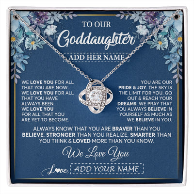 Love Knot Necklace 14K White Gold Finish | 1 | Personalized To Our Goddaughter Necklace Gift From Godmother Uncle We Love You Goddaughter Birthday Gift Graduation Christmas Custom Gift Box Message Card | siriusteestore.myshopify