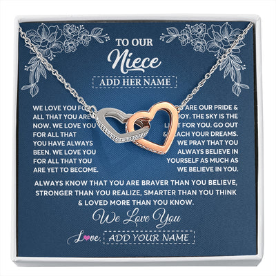 Interlocking Hearts Necklace Stainless Steel & Rose Gold Finish | 1 | Personalized To Our Niece Gifts From Aunt Uncle Necklace We Love You Jewelry Present Gift Niece Birthday Graduation Christmas Custom Gift Box Message Card | https://siriusteestore.